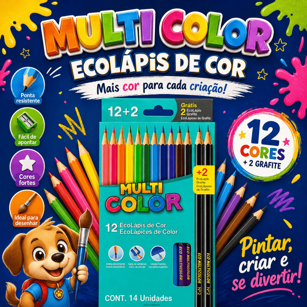 Lápis de Cor Multi Color 12 Cores + 2 Grafite por Caixa Kit 1, 2, 4 ou 6 Caixas