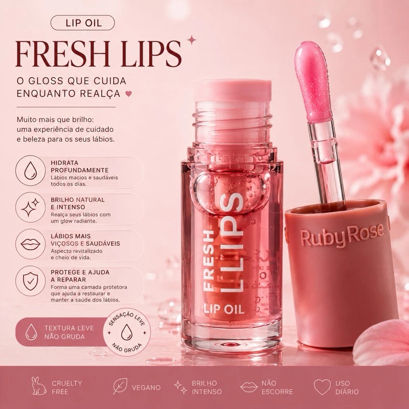 Kit 2 Lip Oil Fresh Lips Ruby Rose Brilho e Hidratação Labial GL01 GL02 GL03 GL04