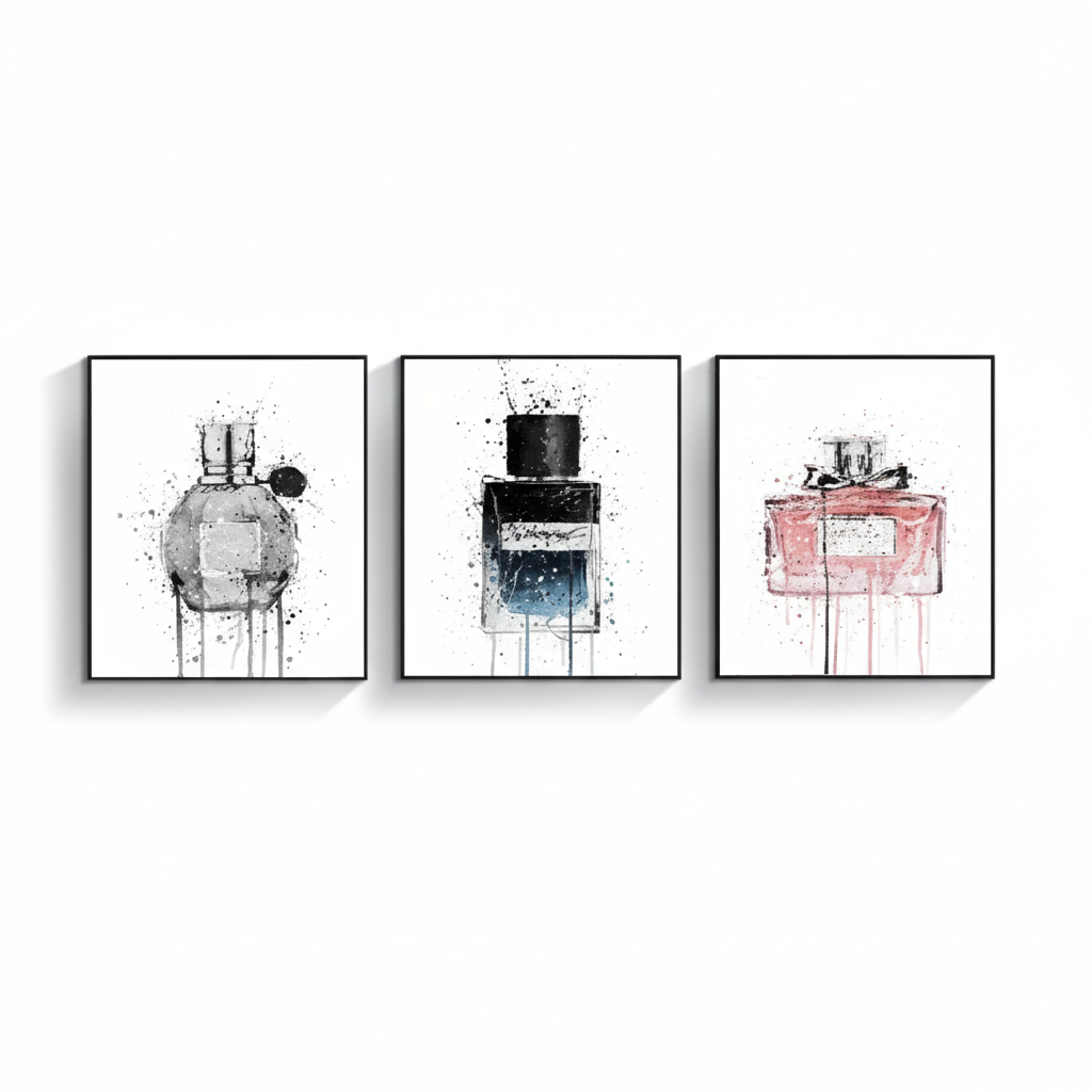 Quadros decorativos Aquarela Moda Perfume Garrafa (3 peças)