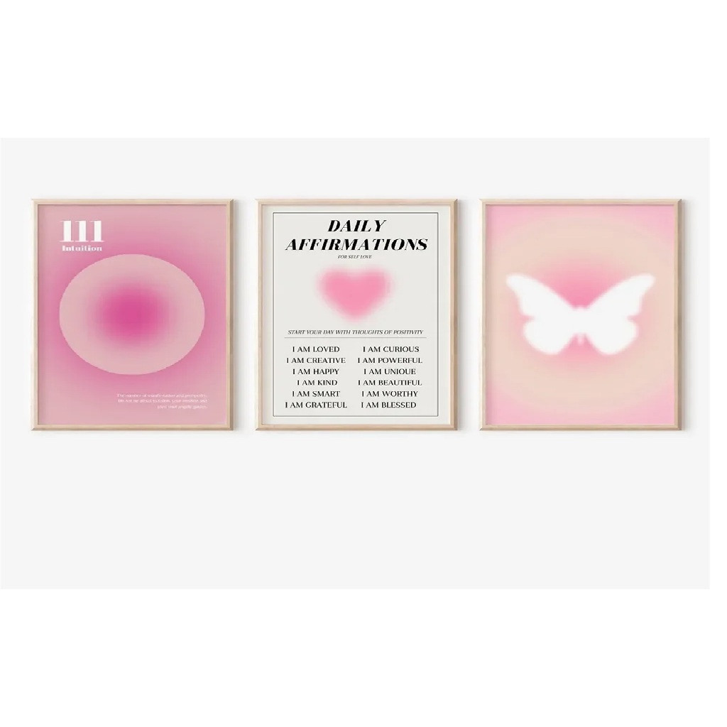 Kit Quadros Decorativos Number Angel Rosa Borboleta Aura Manifestação Motivação