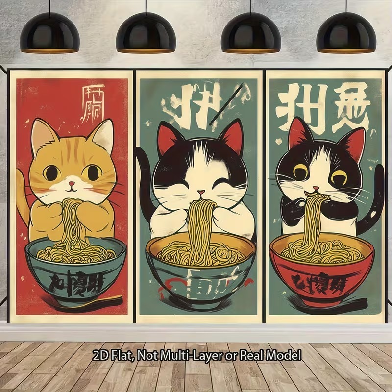 KIT 3 Quadros Gatos Comendo Ramen | Decoração Cozinha Oriental Pop Vintage