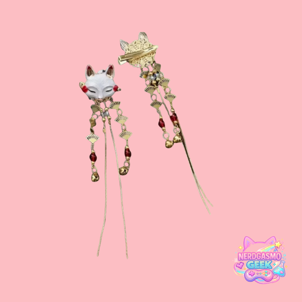 Grampo de Cabelo Chinês Vintage Raposa Kitsune | Presilha Oriental com Borlas ✨🦊