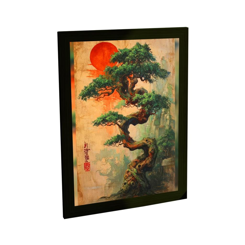 Quadro Decorativo para Sala e Quarto Bonsai Japonês Sol Vermelho Arte Oriental Zen Estilo Vintage Arte de Escritório Dec