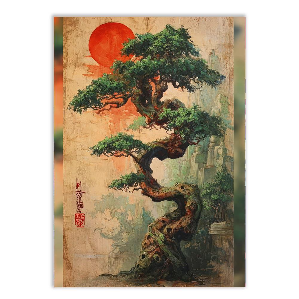 Placa Quadro Decorativo Bonsai Japonês Sol Vermelho Arte Oriental Zen Estilo Vintage Arte de Escritório Quadro Decorativ