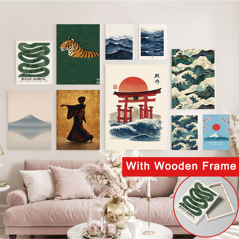 (Com Moldura) Arte De Parede Em Tela Japonesa Retrô Monte Fuji Ocean Wave Tiger Geisha Poster Estilo Vintage Oriental De