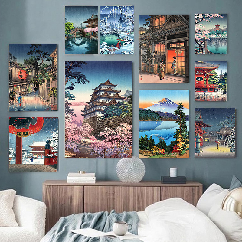 (Com Moldura) Clássico Japonês Ukiyo-e Paisagem Impressão Em Tela Vintage Pintura Oriental Pôster Tradicional Flor De Ce