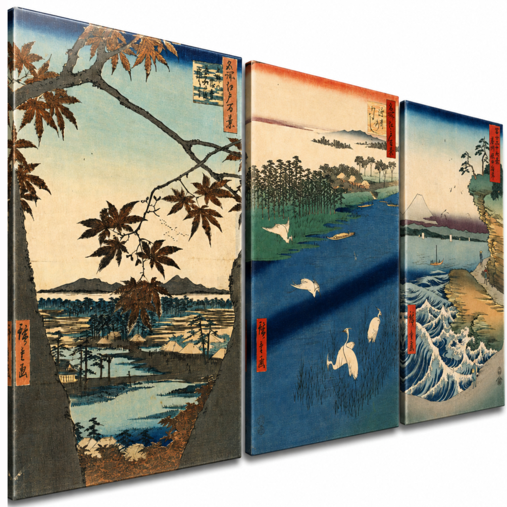 Kit 3 Quadros Decorativos Arte Japonesa Paisagem Monte Fuji Garças Ondas Vintage para Sala Quarto e Escritório