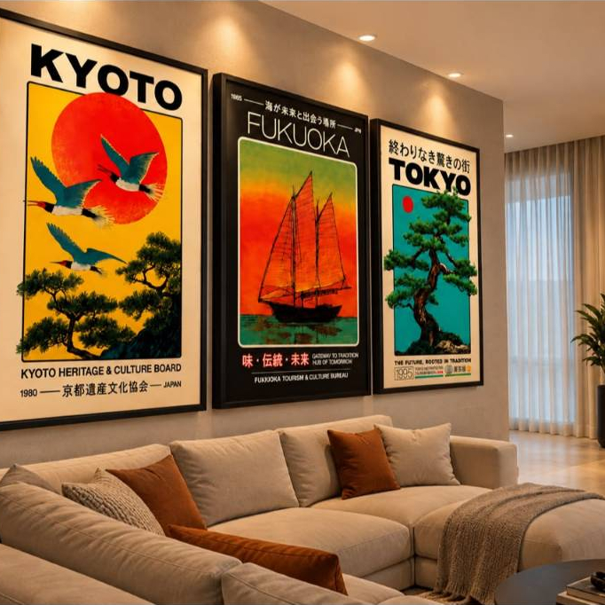 Kit 3 Quadros Decorativos Japão Vintage Kyoto Tokyo Fukuoka Arte Japonesa Oriental Paisagem Retrô Moldura Preta Sala