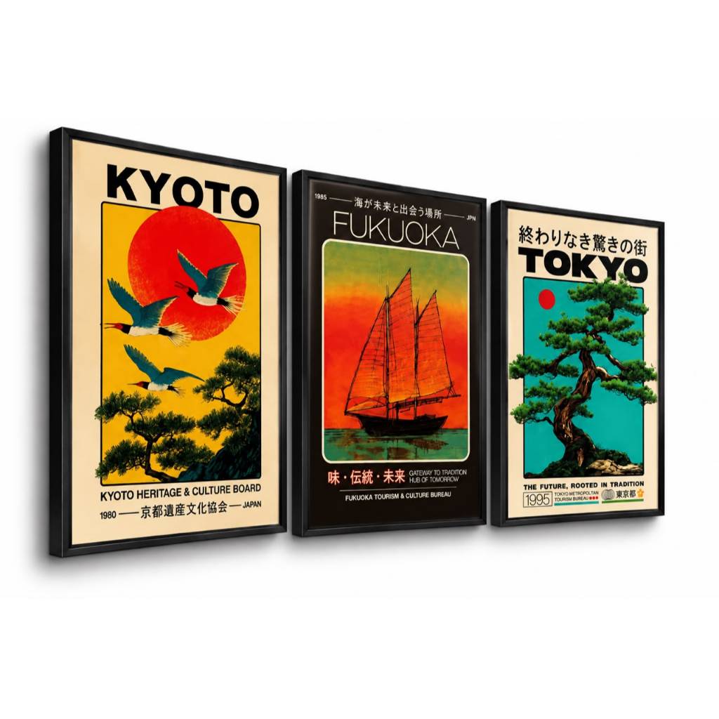 Kit 3 Quadros Decorativos Japão Vintage Kyoto Tokyo Fukuoka Arte Japonesa Oriental Paisagem Retrô Moldura Preta Sala