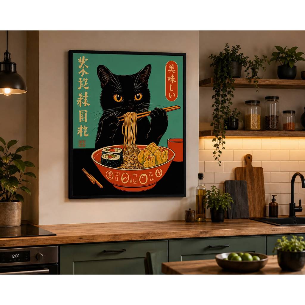 Quadro Decorativo Gato Preto Oriental com Lámen Japonês  Arte Vintage