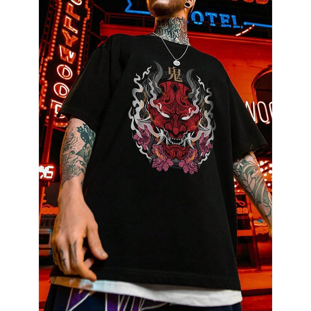 [Camiseta Vintage Masculina Algodão]HYP Manfinity Arte de Rosto de Samurai Oriental Asiático com Máscara Mal Japonês