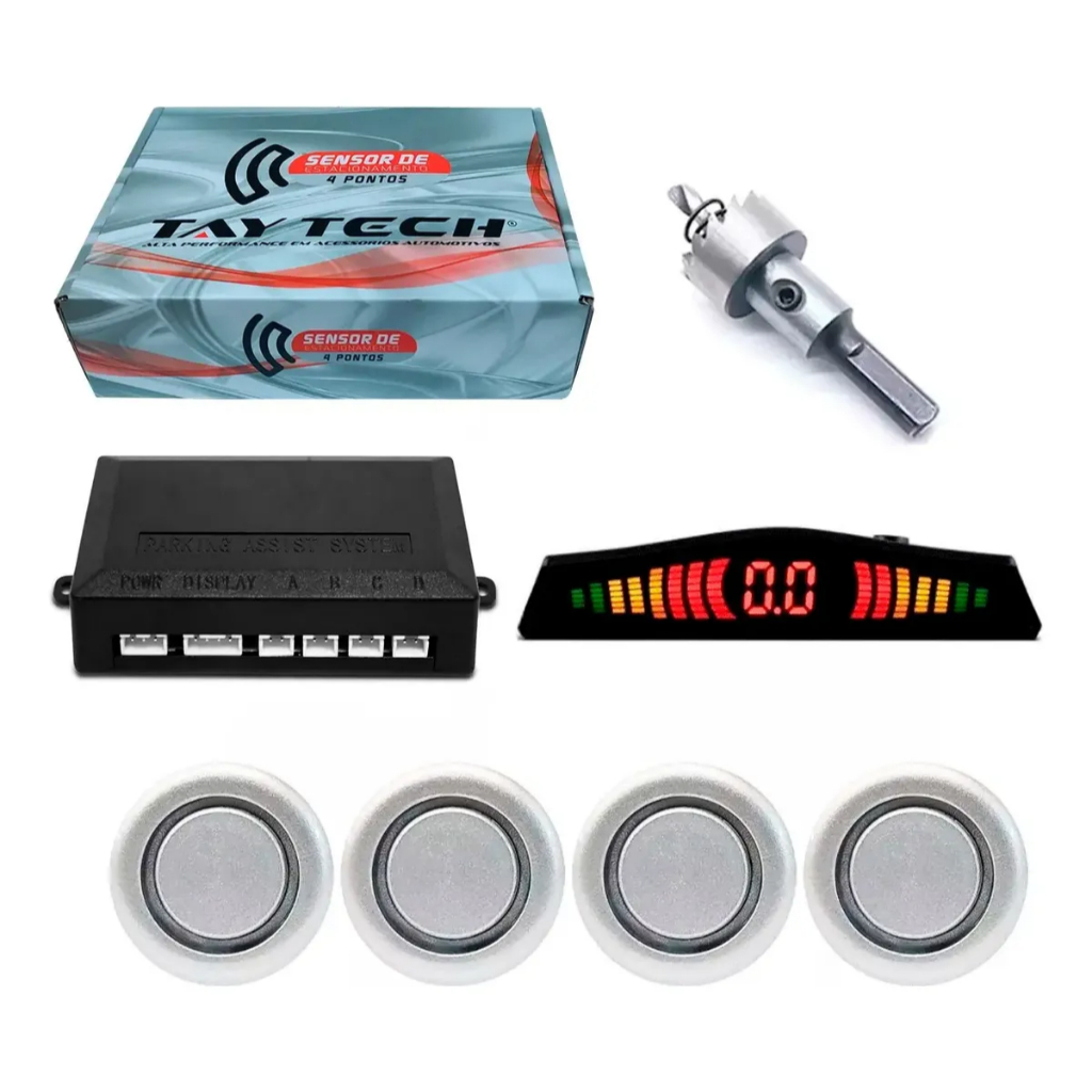 Kit Sensor Estacionamento Tay Tech 4 Sensores Display Visual Sonoro 12V Prateado Carro