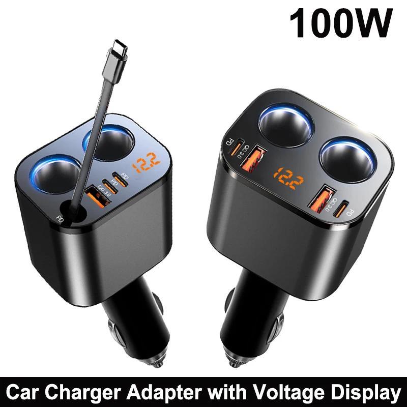 6 Em 1 Divisor De Isqueiro 100W Adaptador De Carregador De Carro PD30W QC3.0 Cabo Retrátil LED Tensão Display Digital 12