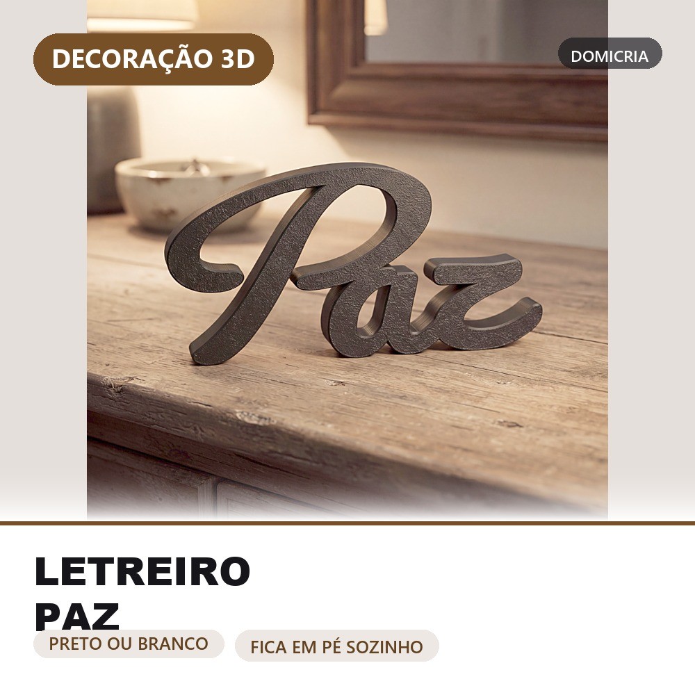 Letreiro Paz 15cm Palavra Decorativa 3D - Enfeite Zen Minimalista para Sala, Yoga, Meditação e Nicho