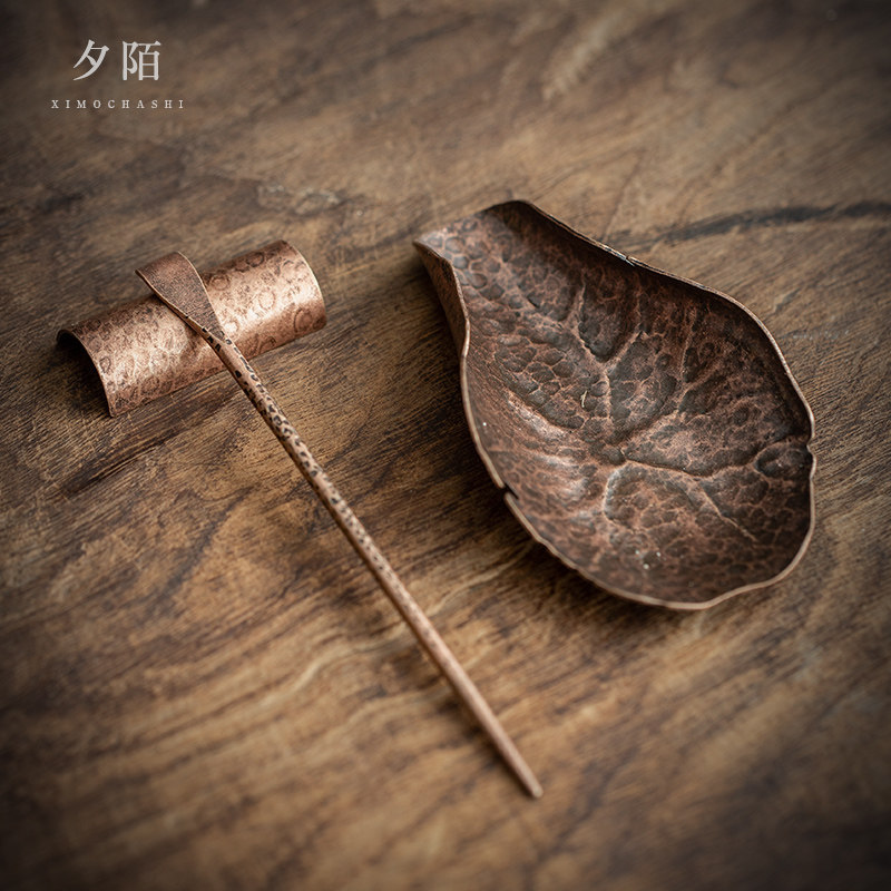 Zen conjunto de três peças de chá de cobre puro, padrão de martelo antigo, colher de chá, pá de chá, acessórios para cer