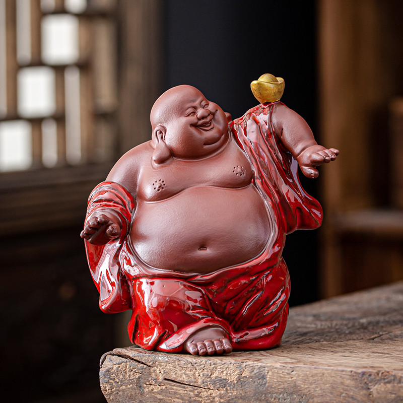 Areia roxa maitreya buda ornamentos artesanais rindo buda mobiliário doméstico criativo Zen maitreya esmalte vermelho
