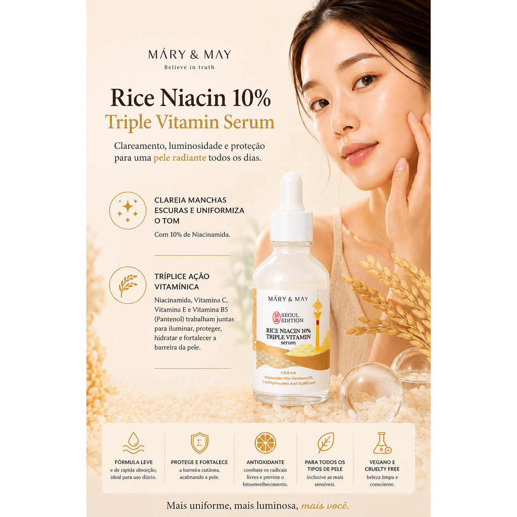 Sérum Facial Coreano - Rice Niacin 10% Triple Vitamin Serum 80ml - Mary&May - Estoque no Brasil!