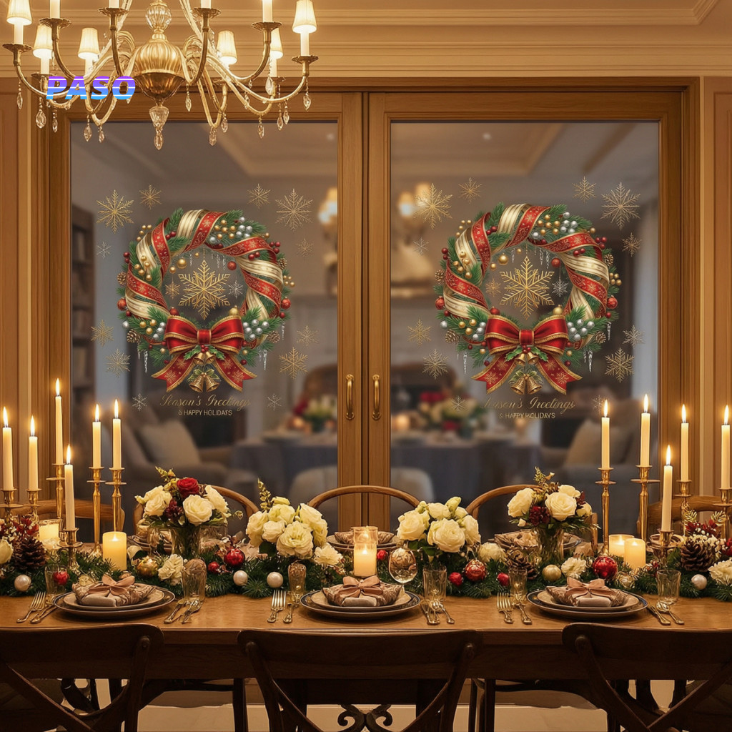 Christmas Window Clings Reusable Xmas Art Wreath Cling Stickers Snowflake Bell Static Decals for Glass Door No Glue Holi