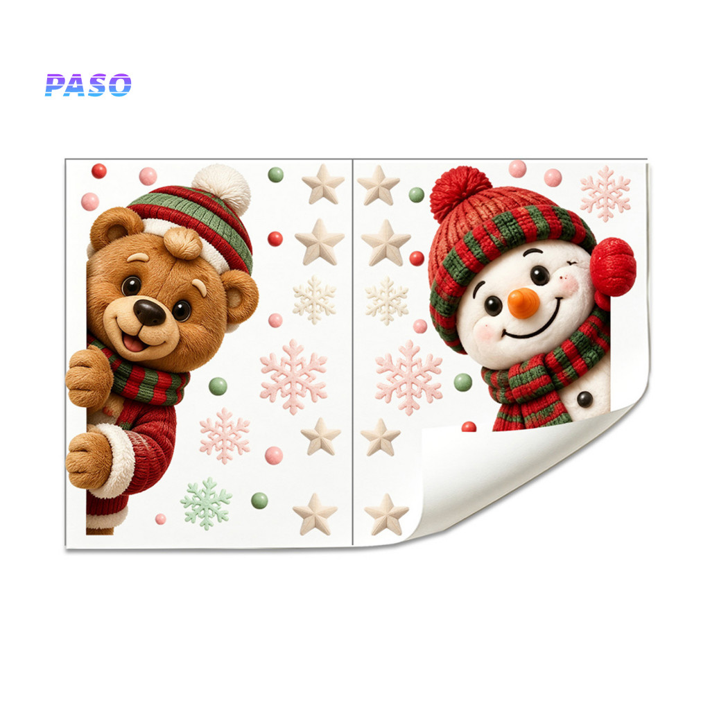 No Glue Window Stickers 2pcs Christmas Clings Bear Snowman Static Decals 16x12 Removable Festive for Glass Doors Home Ho