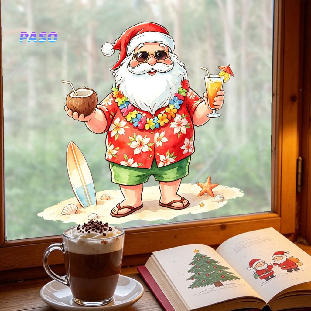 Tropical Santa Window Cling Self Adhesive Pattern Claus Christmas Sticker Waterproof Pvc Decal for Glass Doors Windows E