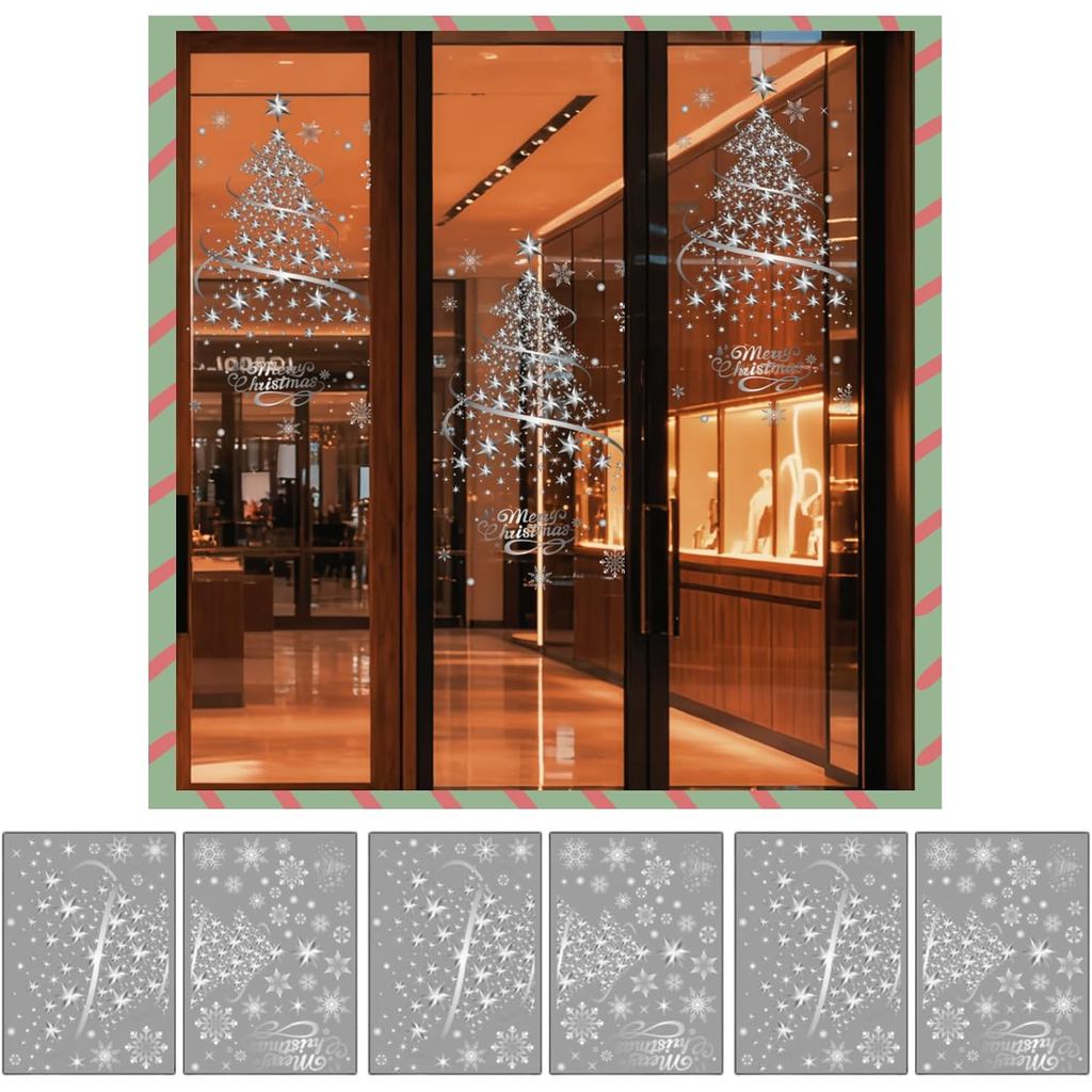 Christmas Tree Window Clings, White Snowflake Static Stickers, Large Holiday Decals for Glass Door, Office Home Decorati