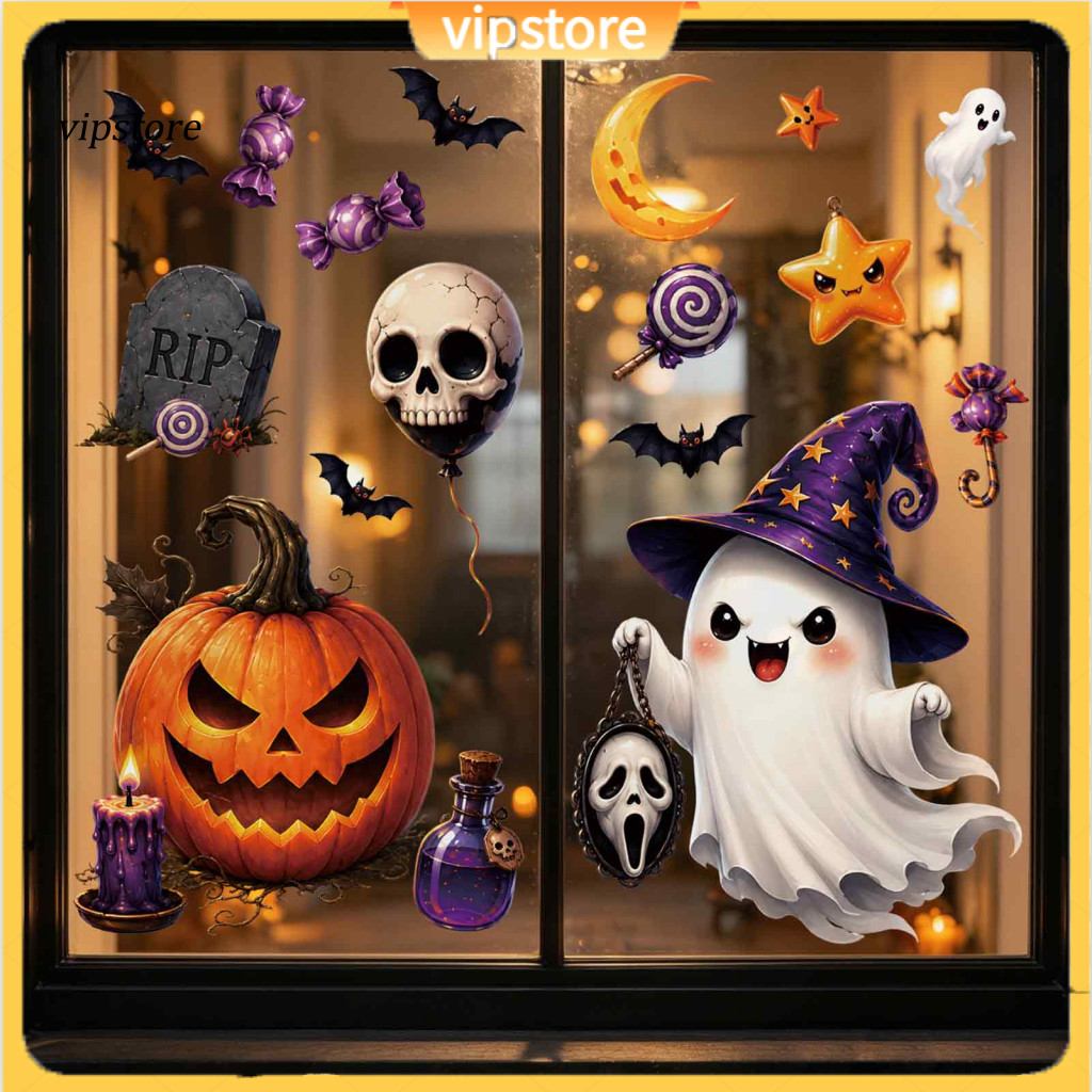 Halloween Window Clings Set – Pumpkin Ghost Mummy Vampire Cartoon Decals Self-adhesive Stickers for Glass Doors Mirror
