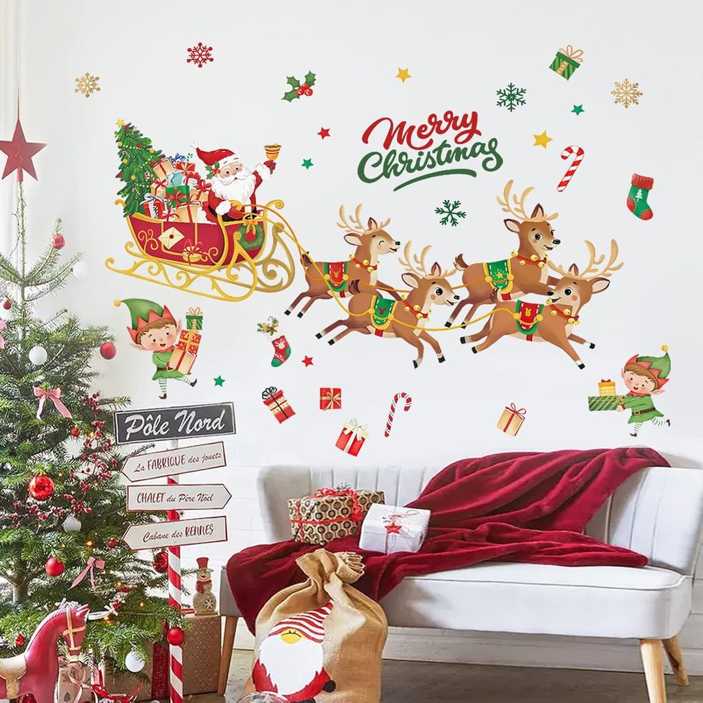 decalmile Christmas Window Wall Decals Santa Claus Reindeer Elf Wall Stickers Room Door Christmas Party Window Showcase