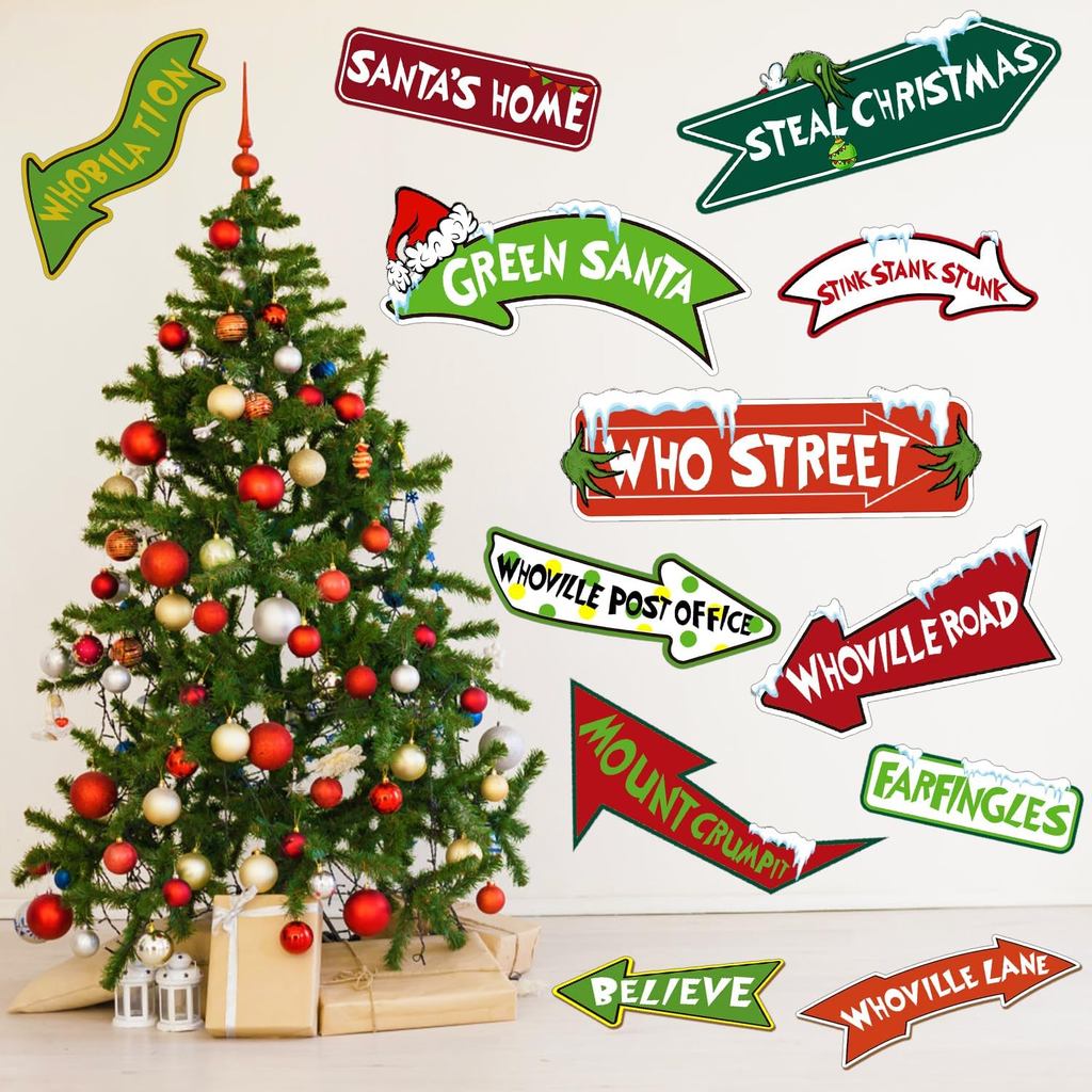 DIYDEC Large Christmas Floor Stickers Clings 12pcs Self-Adhesive Whoville Xmas Wall Door Decals Decor for Christmas Holi