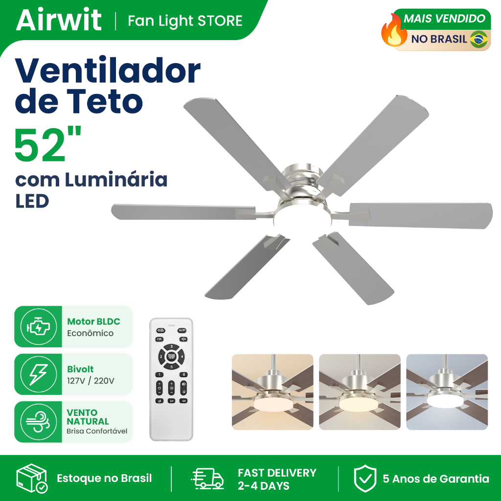 Airwit 52 Inch 6 Pás Ventilador de Teto com Luminária LED Motor BLDC Controle Remoto Flush Mount Teto Baixo