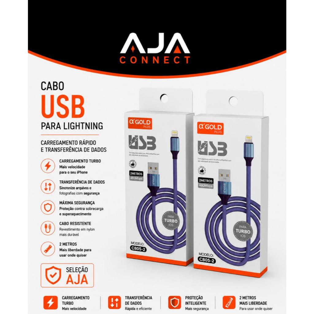 Cabo USB-A para Lightning α’GOLD Plus CB05-2 – 2 Metros – 5A Max – 480Mbps