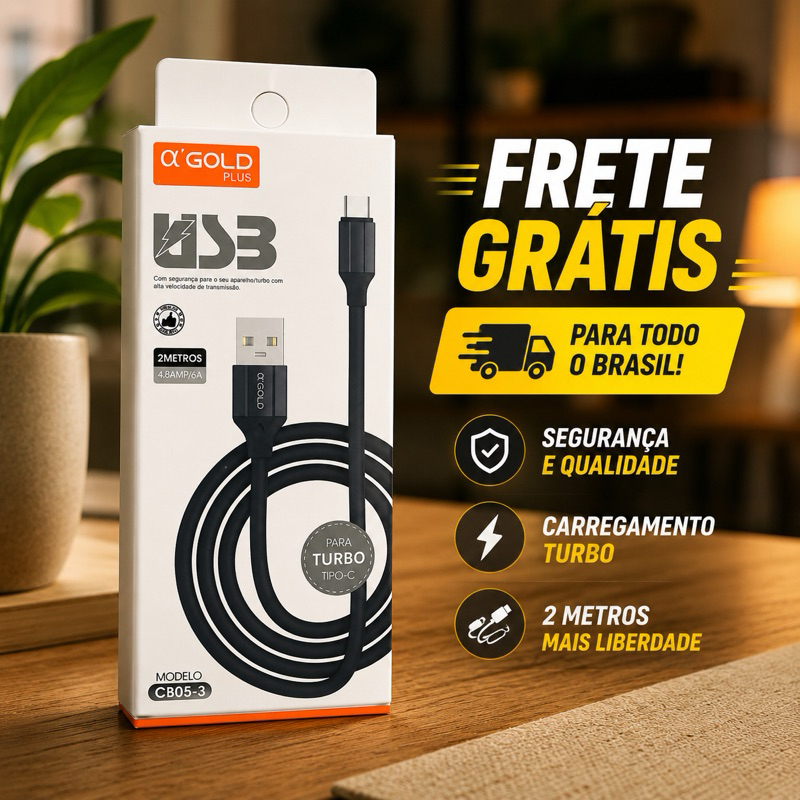 Cabo USB Tipo C Turbo 2m αGOLD Plus Carregamento Rápido 480Mbps Para Celular e Tablet