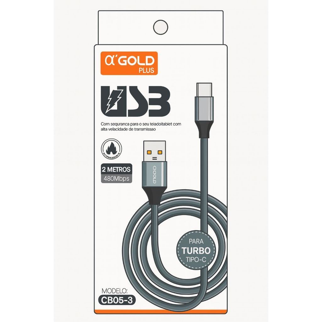 Cabo USB Tipo C αGOLD 5.0A Plus 2 Metros Turbo Carga Rápida 480Mbps Reforçado