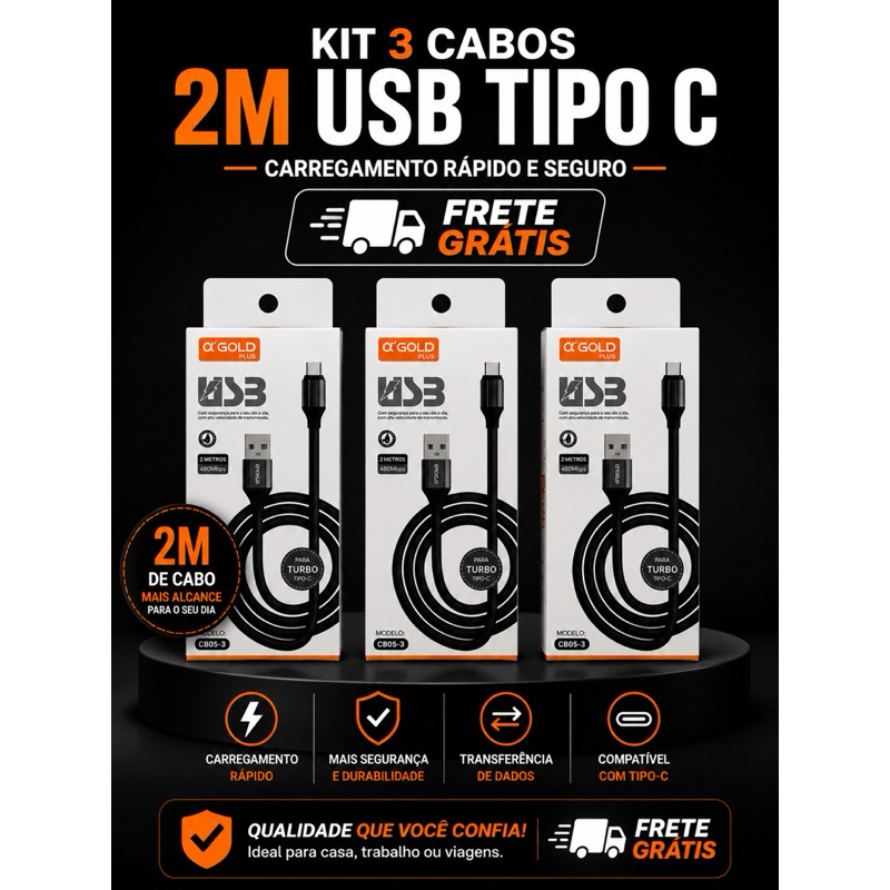 Kit 3 Cabos USB Tipo C 2 Metros Turbo Carregamento Rápido Android Ios 15 16 17 Reforçado 480Mbps