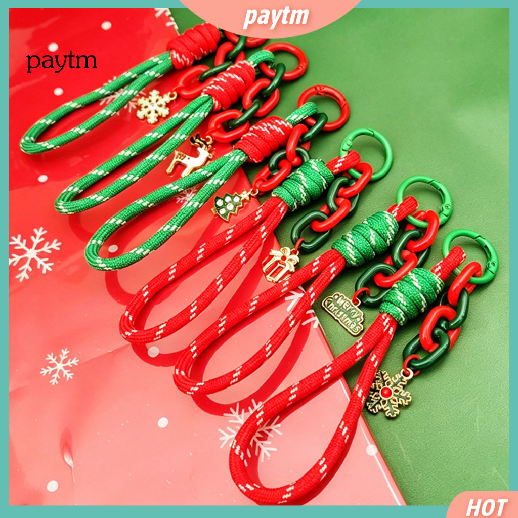 Christmas Theme Pendant Lanyard Keychain Wristlet Braided Rope with Santa Snowman Reindeer Charms Decorative for Backpac