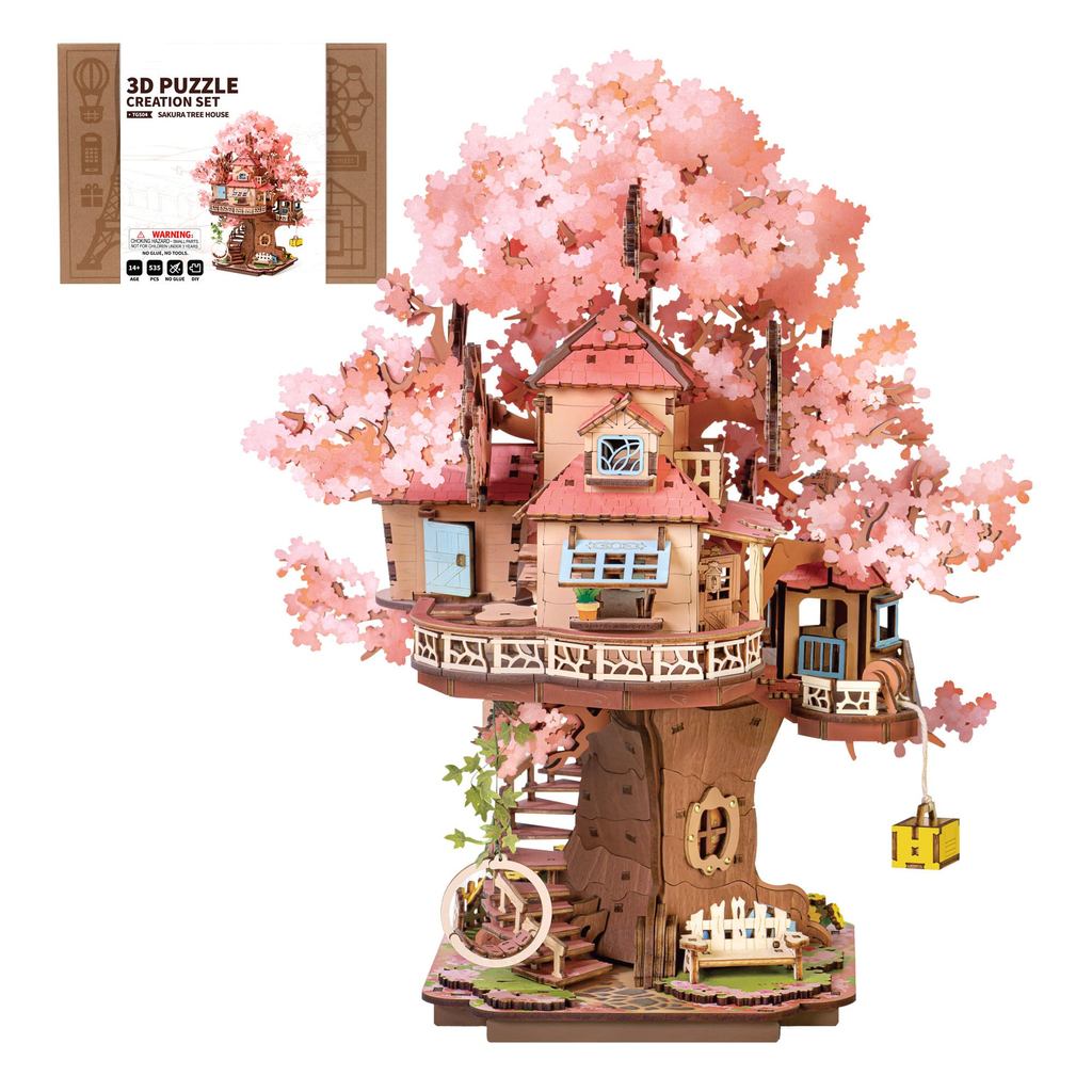3D Wooden Puzzle, Cherry Blossom Tree House, Assembly Kit, DIY Craft, Japanese-Style Decor (Cherry Blossom Tree House)