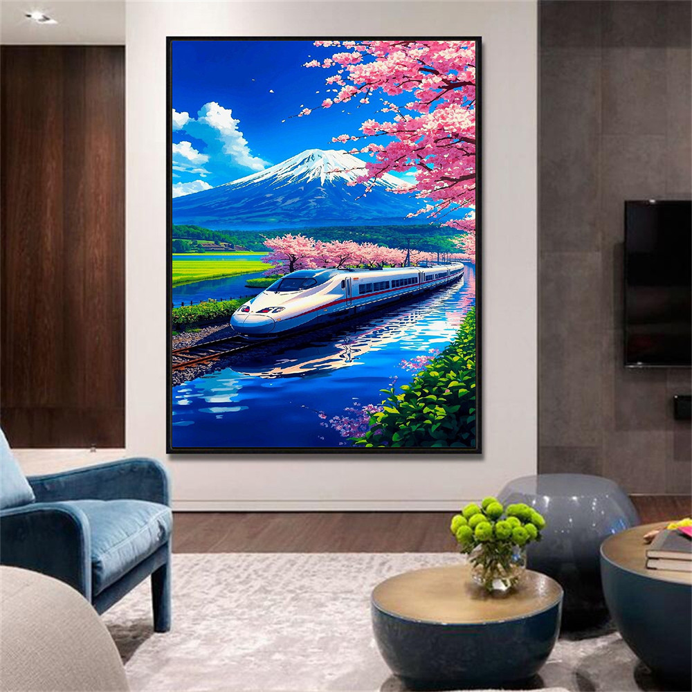 Um Conjunto De Kit De Pintura De Diamante Com Padrão De Flores De Cerejeira Monte Fuji/Cherry Blossoms , 5D DIY , Em Tel