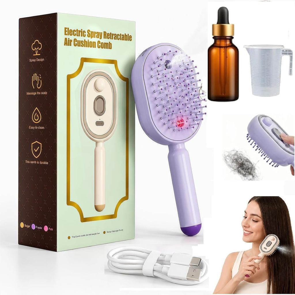 Electric Spray Air Cushion Massage Comb, Upgraded 5 in 1 Rechargeable Air Cushion Hair Brush, Retractable Self-Cleaning