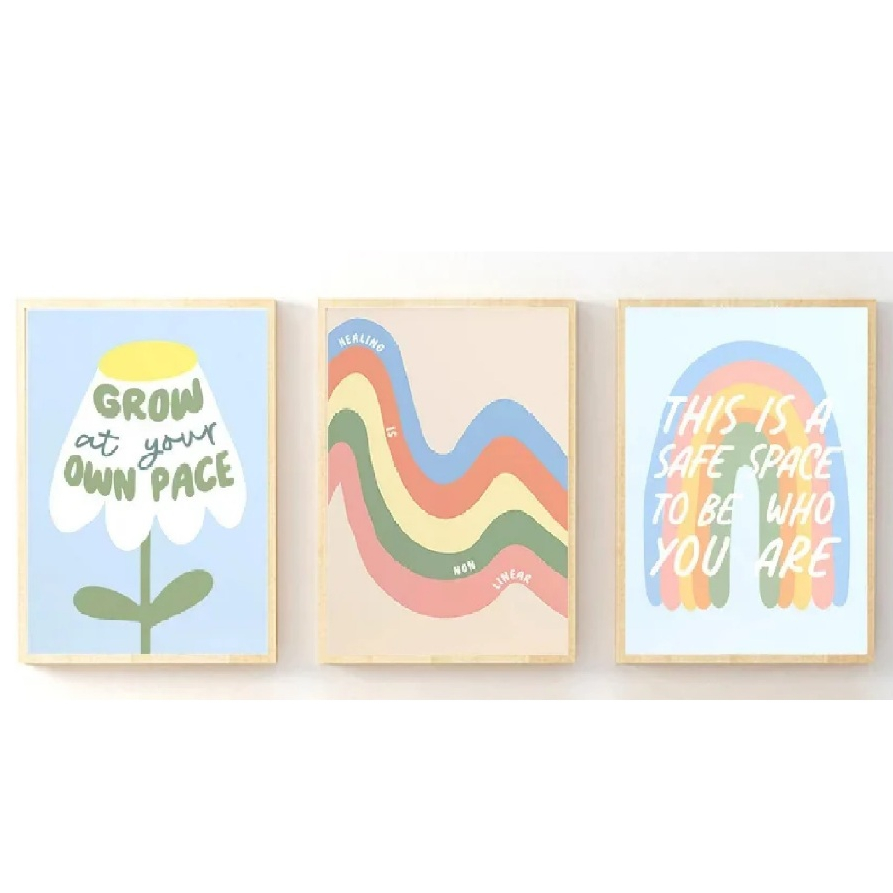 Quadros decorativos Positivo Wall Art Canvas, arco-íris, sol, cérebro, onda, pintura floral, psicologia cartazes (3 peças)