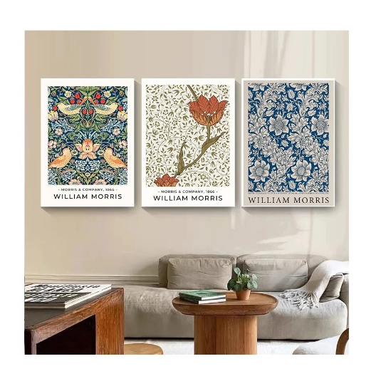 Quadros decorativos Abstrato William Morris Canvas Pintura, flor, folha, pássaro (3 peças)