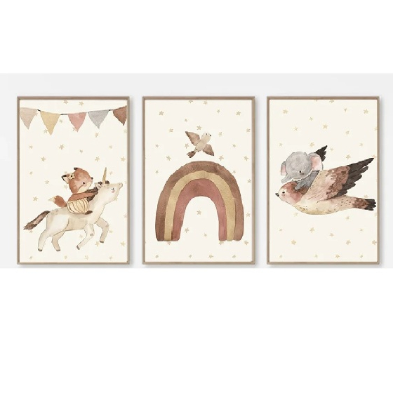 Quadros decorativos Boho Nursery Wall Canvas, arco-íris, leão, urso, raposa, coelho, elefante (3 peças)