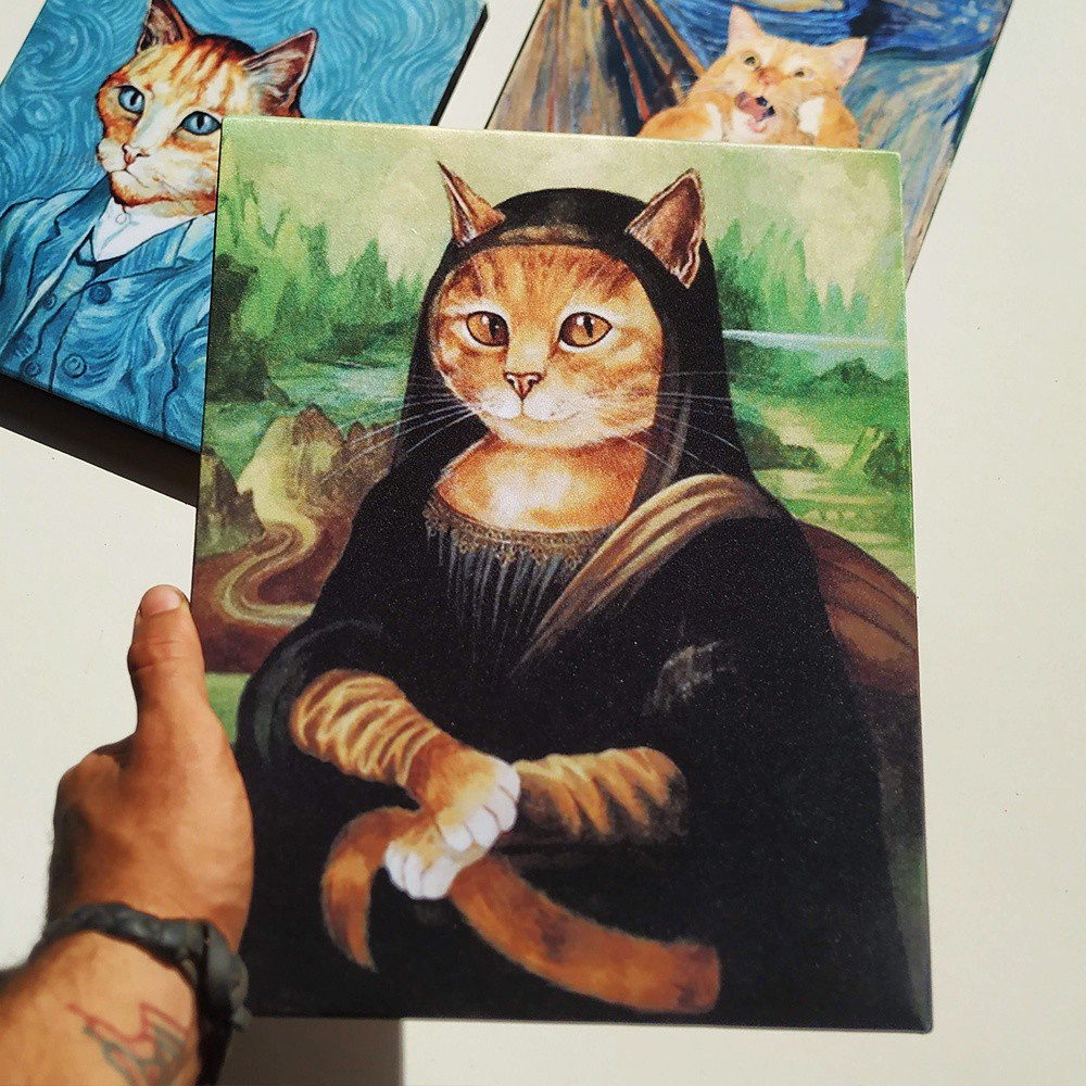 Quadro decorativo. Mona lisa. Obras de arte classica com rosto de gatinho em tela canvas pronto para pendurar.