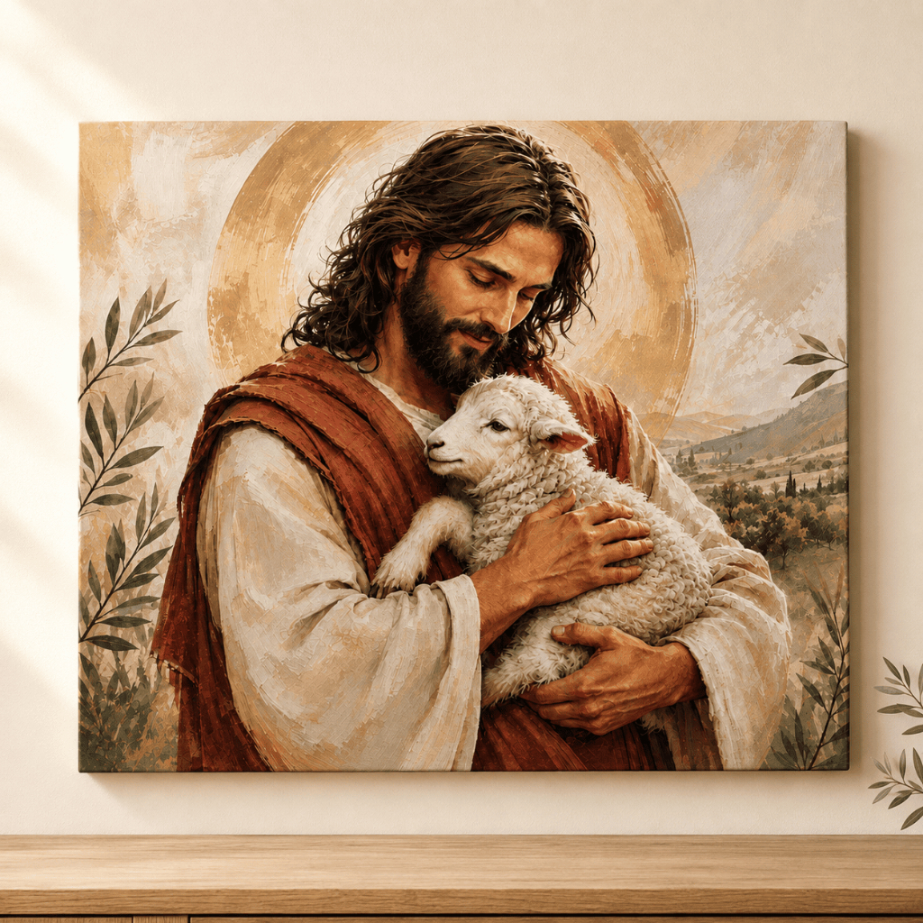 Quadro Decorativo Jesus Bom Pastor Ovelha Luxo Tecido Canvas Alta Definicao Para Parede Sala Quarto Igreja