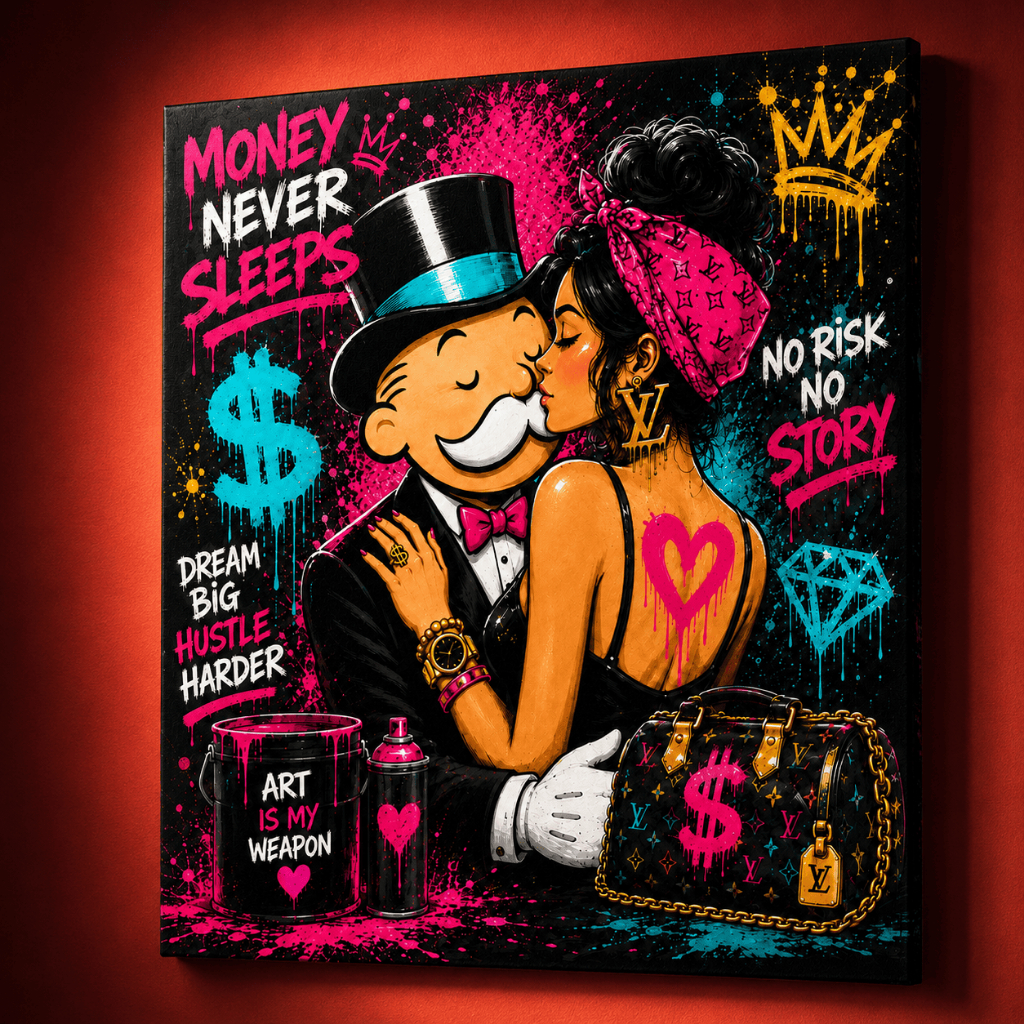 Quadro Decorativo Grande 70x60 Monopoly Money Never Sleeps Pop Art Luxo Tela Lona Canvas Sala Quarto