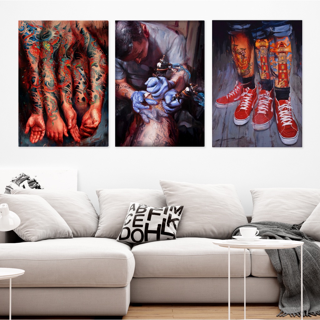 Trio de Quadro Decorativo Estúdio de tatuagem arte tattoo CANVAS