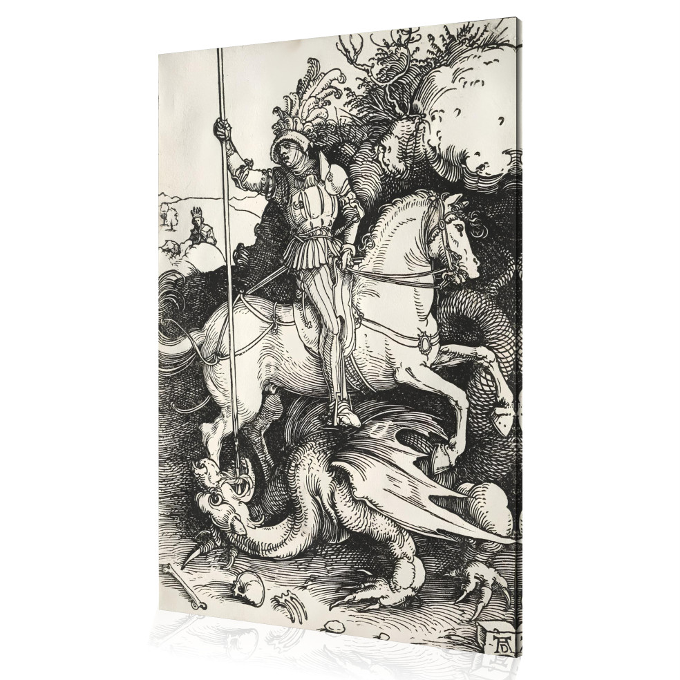Quadro Decoração São Jorge Cavalo Branco Dragão Canvas 60x40
