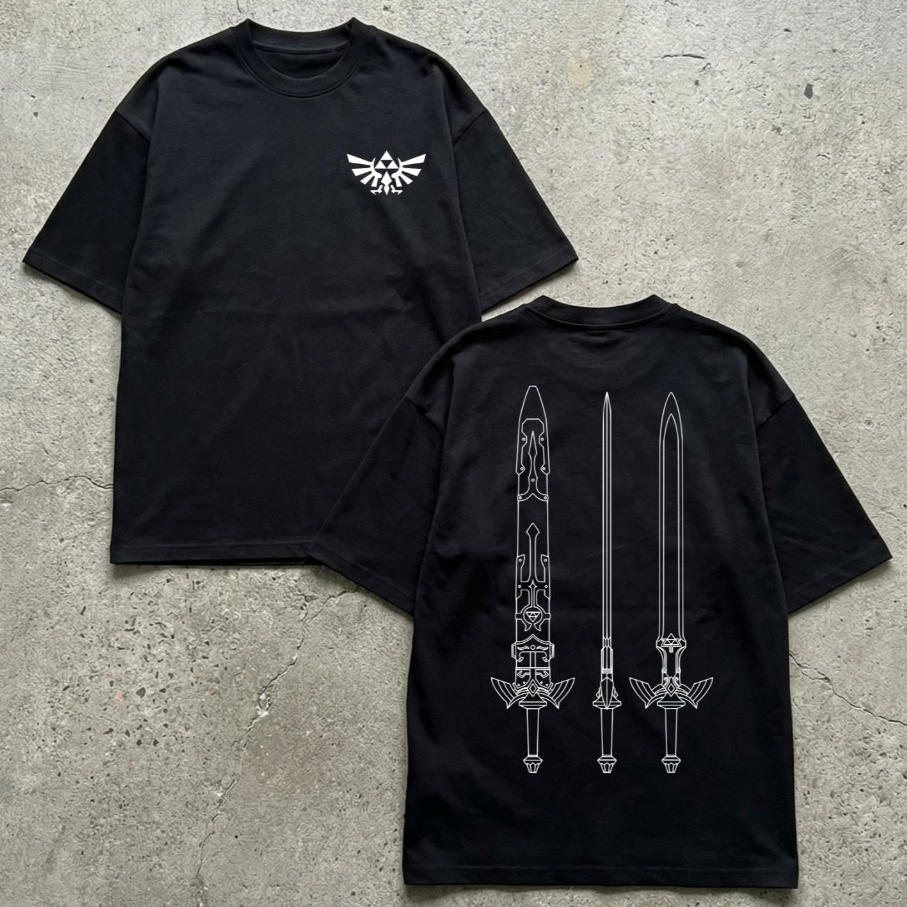 Camiseta Oversized Zelda Triforce Espadas Master Sword Estampa Geek Anime Gamer Unissex Streetwear