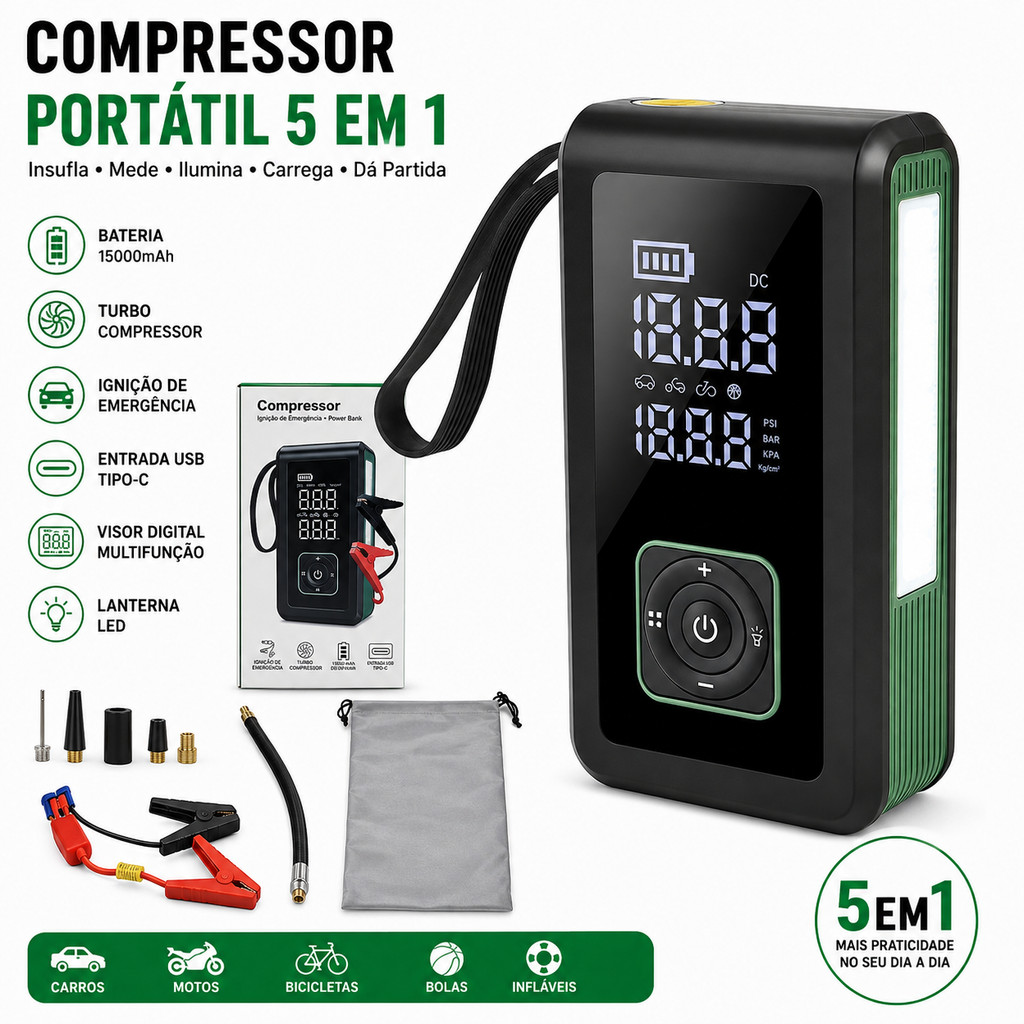Compressor de Ar Portátil 150 PSI com Jump Starter 1000A Power Bank 15000mAh USB-C