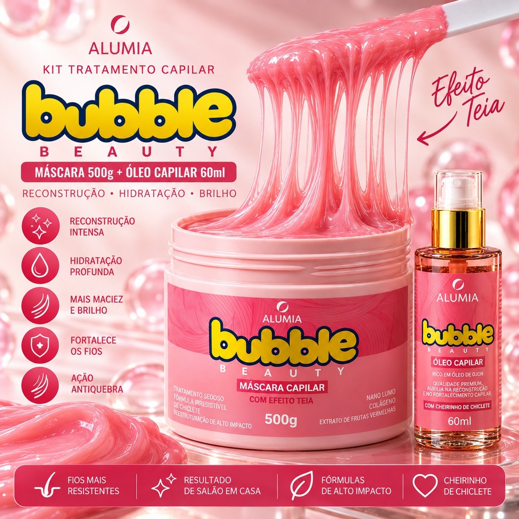Kit Alumia Bubble Beauty Máscara 500g Óleo Capilar 60ml Reconstrução Efeito Teia Brilho