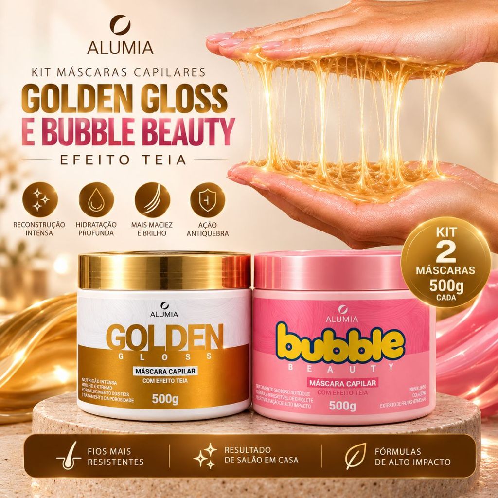Kit Alumia Bubble Beauty Golden Gloss 500g Máscaras Efeito Teia Reconstrução Hidratação Capilar