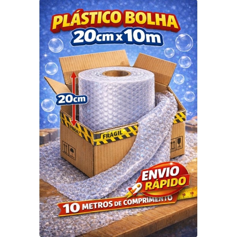 Plástico Bolha - Bobina 20cm X 10 Mts E-commerce 25 Micras - Papelaria - Embalagem - Expresso - EM CAIXA